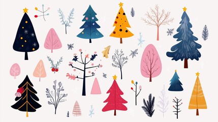 Obraz premium A whimsical collection of colorful Christmas trees and winter foliage, perfect for adding festive cheer to any project
