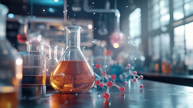 Laboratory with colorful chemical solutions and molecular models under bright light.