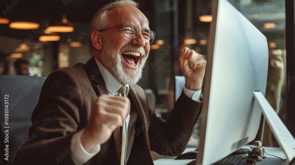 Poster a man in a suit is laughing and celebrating on a computer monitor