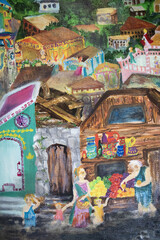 Beginning volcano eruption. Roman Empire architecture, people life. Historical illustration Pompeii. Urban streets market. Rich and poor ancient buildings.