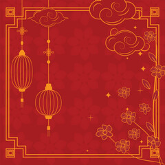 Chinese themed red template with lanterns, clouds, flowers, and a geometric frame, ideal for festive projects