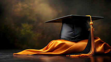 Graduation Cap and Gown on Orange Fabric -  Realistic Image