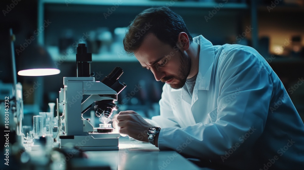 Poster A man in a lab coat is looking through a microscope