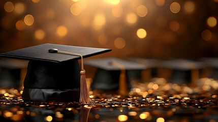 Graduation Cap on Gold Glitter Background Illustration