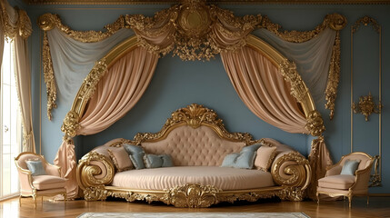 Gold and Beige Ornate Bedroom Interior Illustration