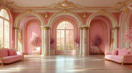 Naklejka premium Pink Palace Interior with Arches and Gold Accents - 3D Illustration