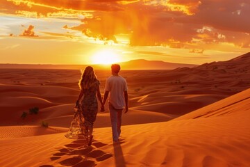 Desert Beauty. Couple Walking at Sunset in Sahara Desert, Morocco. Love and Freedom Concept