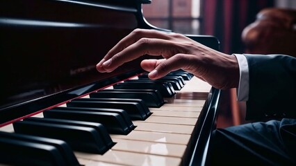 Black man playing piano with emotion in elegant room celebrating jazz music roots, Black History Month