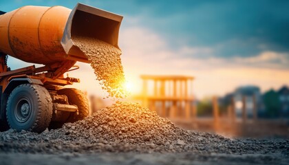 A concrete mixer truck pouring concrete at a construction site during sunset, showcasing industrial work and development.