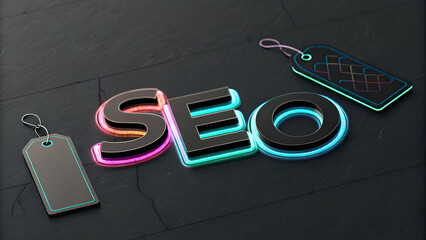 A vibrant, neon-styled representation of the term "SEO" alongside price tags, emphasizing digital marketing and online visibility.