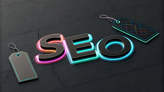 A vibrant, neon-styled representation of the term "SEO" alongside price tags, emphasizing digital marketing and online visibility.