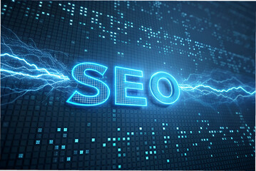 A glowing "SEO" text surrounded by digital patterns and electric effects, symbolizing the energy and importance of search engine optimization.