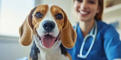 A compassionate and experienced veterinarian is assisting a cheerful and playful beagle during its visit at the animal clinic, ensuring that the dog receives the best possible care and attention - Powered by Adobe