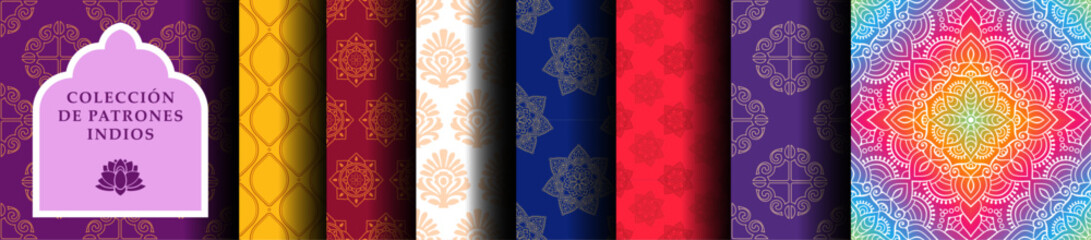 Colección de patrones sin costuras de la India. Gráficos vectoriales en estilo hindi. Conjunto estético de mandalas y yoga del sur de Asia.