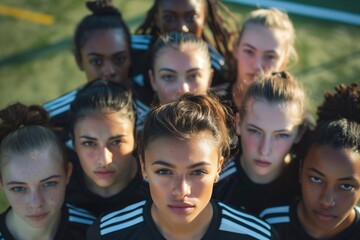Fototapeta premium Women's sports team in intense formation on the field during a training session