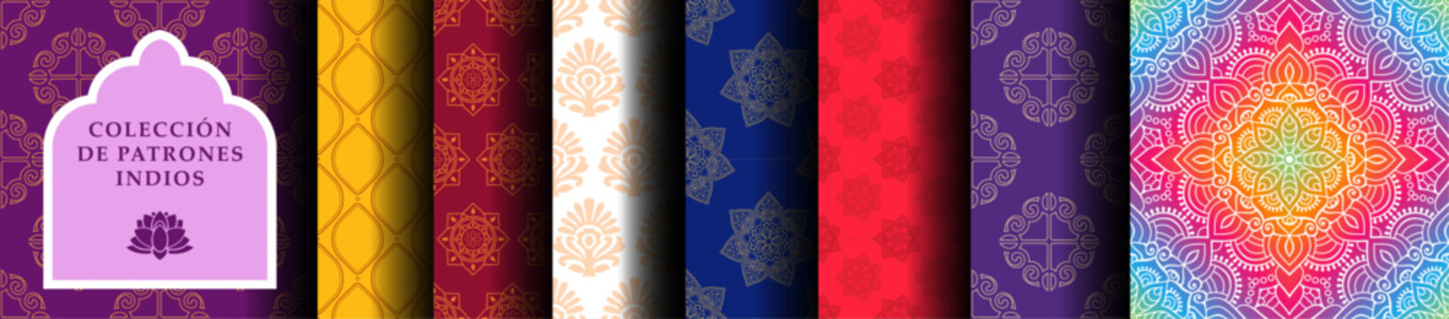 Colecci&oacute;n de patrones sin costuras de la India. Gr&aacute;ficos vectoriales en estilo hindi. Conjunto est&eacute;tico de mandalas y yoga del sur de Asia.