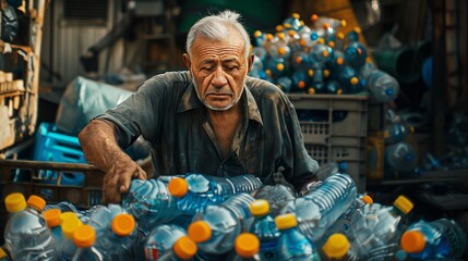 A man sorts plastic bottles at a recycling center on a busy afternoon