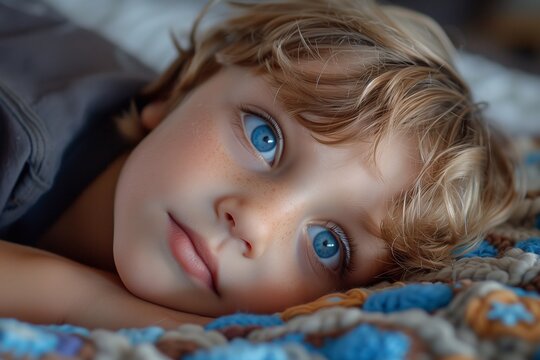 An autistic child relaxes on a colorful blanket while gazing thoughtfully in a cozy indoor space
