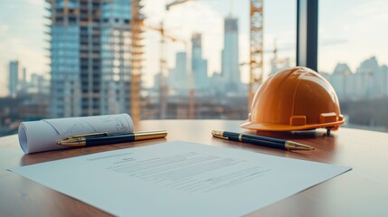 A construction site view featuring a hard hat, blueprint, and pens on a desk, symbolizing planning and development in industry.