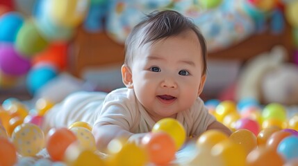 Obraz premium A joyful baby playing with colorful balls in a vibrant indoor environment at home