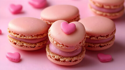 Fototapeta premium Pink Macarons with Heart-Shaped Decorations - Food Photography