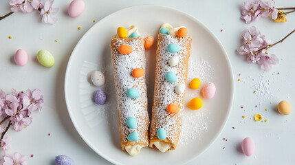 Obraz premium Traditional Italian Easter Cannoli with Colorful Eggs and Sugar Decorations on White Plate, Festive Sweet Pastry Concept