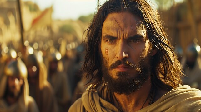 Jesus Christ surrounded by devoted followers in an ancient setting