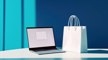 A modern laptop sits beside a shopping bag on a stylish surface, with a vibrant blue background,