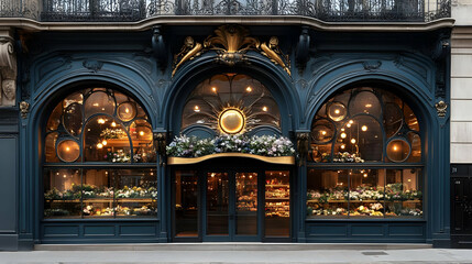 Obraz premium Ornate Storefront with Arched Windows and Flowers - Realistic Image
