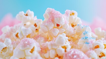 A close-up view showcases fluffy popcorn coated with delightful sprinkles, creating a sweet visual treat
