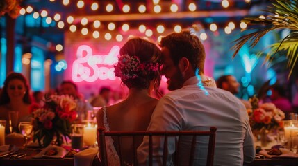 Fototapeta premium Couple enjoying a romantic moment with a neon sign at their wedding reception in a vibrant venue