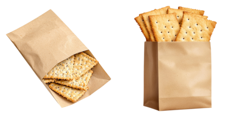 A snack with paper bag concept. A paper bag filled with crispy crackers, showcasing multiple layers and a golden-brown color.