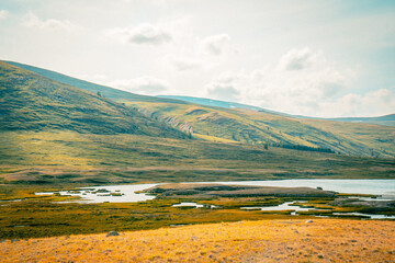Mountain panorama of beautiful valley in Altai mountains. Altai Mountain range, North Altai, Gorny...