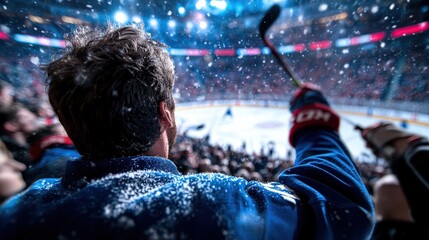 A hockey player, surrounded by fans, experiences the intense thrill of the game amidst a sea of excitement, snowflakes, and the buzzing stadium atmosphere.