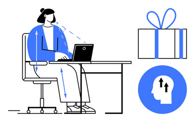 Person typing on a laptop at a desk, arrows indicating posture and movement. Beside, a gift box and icon of a head with arrows pointing up. Ideal for productivity, motivation, ergonomics, work-life