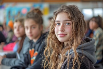 Obraz premium Teenagers engaged in conversation at school during a casual gathering in the classroom