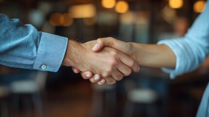 Two business professionals are shaking hands in a welcoming office environment after reaching an agreement for a small business loan