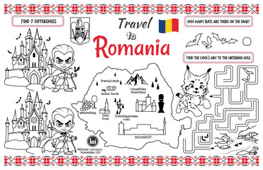 A fun placemat for kids. Printable &ldquo;Travel to Romania&rdquo; activity sheet with a labyrinth and find the differences. 17x11 inch printable vector file