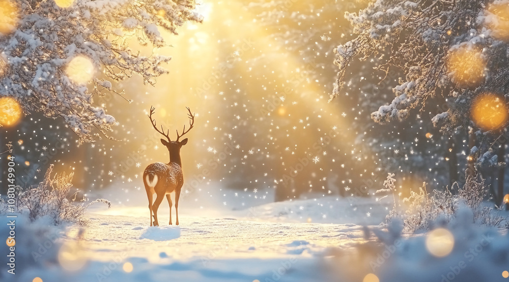 Aufkleber a lone deer stands in a snowy forest, bathed in the warm glow of the winter sun. the snow falls soft