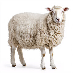 Fototapeta premium A fluffy white sheep stands confidently, showcasing its thick wool coat in a neutral setting.