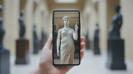 AR application mockup showing a virtual guide in a museum, with detailed 3D renderings on a smartphone