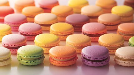 Fototapeta premium Rainbow Macarons on Pastel Canvas: A Colorful Confectionery Display