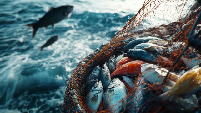 A net full of fish is being pulled out of the water