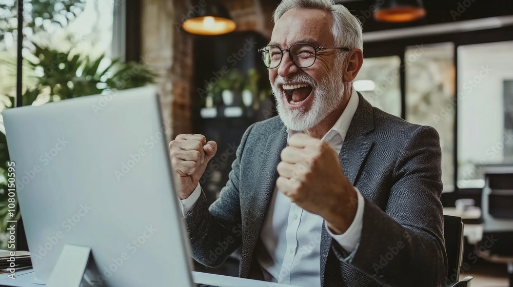 Poster a man in a gray suit is sitting at a desk with a laptop in front of him
