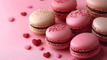 Obraz premium Pink and Beige Macarons with Chocolate Filling and Sprinkles - Food Photography