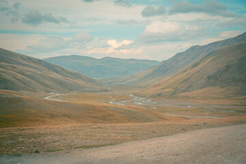 Fototapeta premium Mountain panorama of beautiful valley in Altai mountains. Altai Mountain range, North Altai, Gorny Altai republic, Russia.