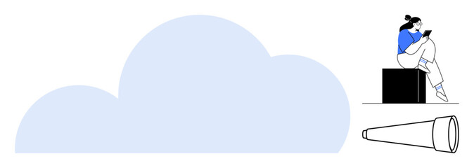 Woman reading while sitting on a black box next to a large light blue cloud and a telescope on the ground. Ideal for education, exploration, imagination, introspection, relaxation, astronomy