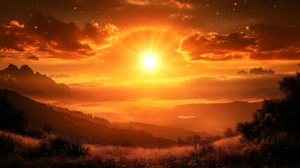 Fototapeta premium Golden Sunset Over Mountain Landscape - Photo