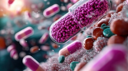 Various colorful pills and capsules are depicted floating amidst an abstract background, symbolizing medicine, health innovation, and the modern pharmaceutical industry.
