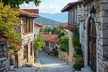 Obraz premium Charming cobblestone street in a picturesque village featuring traditional stone houses with red tiled roofs surrounded by lush greenery and mountains in the background